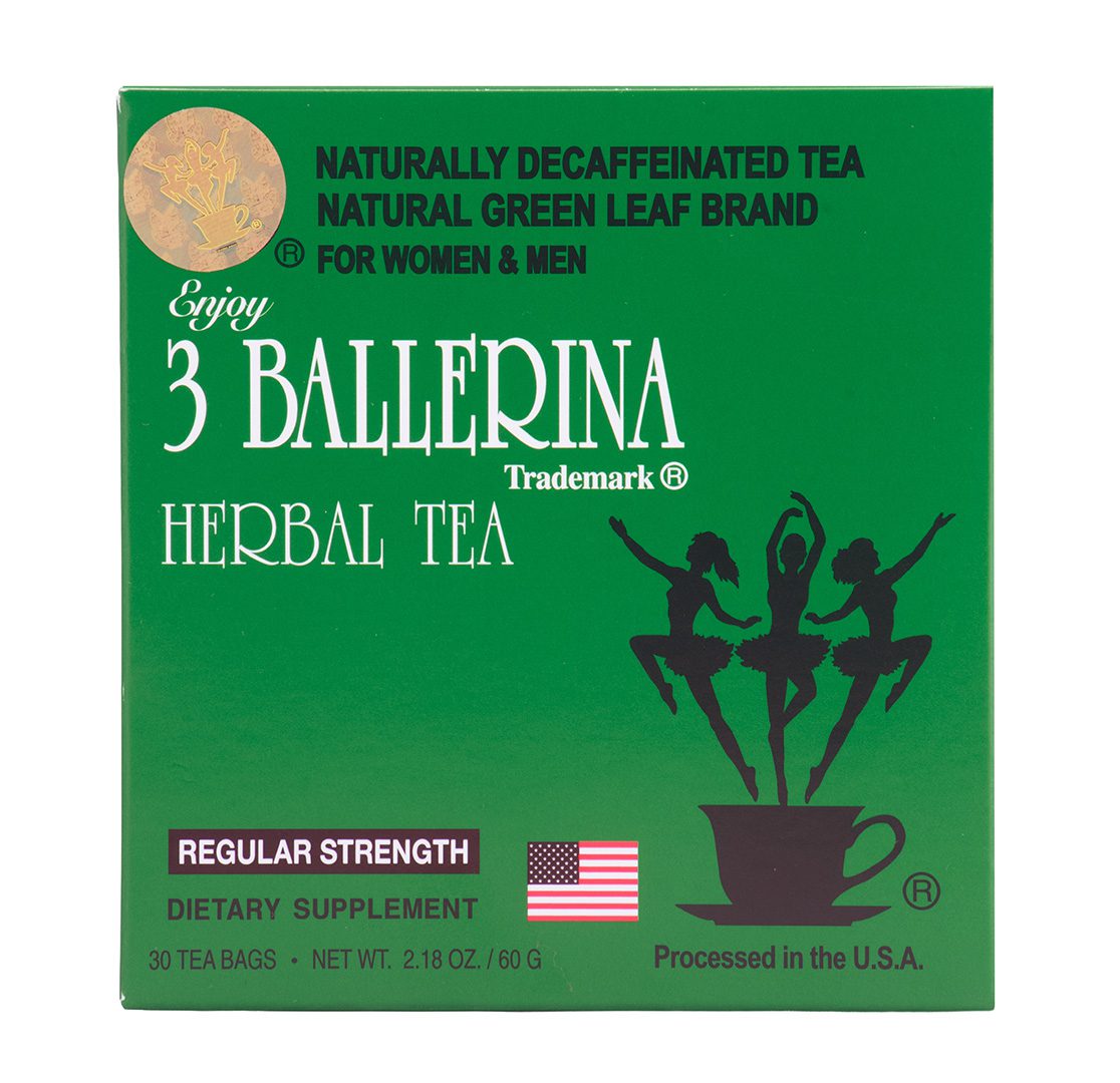 3 Ballerina regular strength herbal tea box naturally decaffeinated green leaf tea processed in the USA