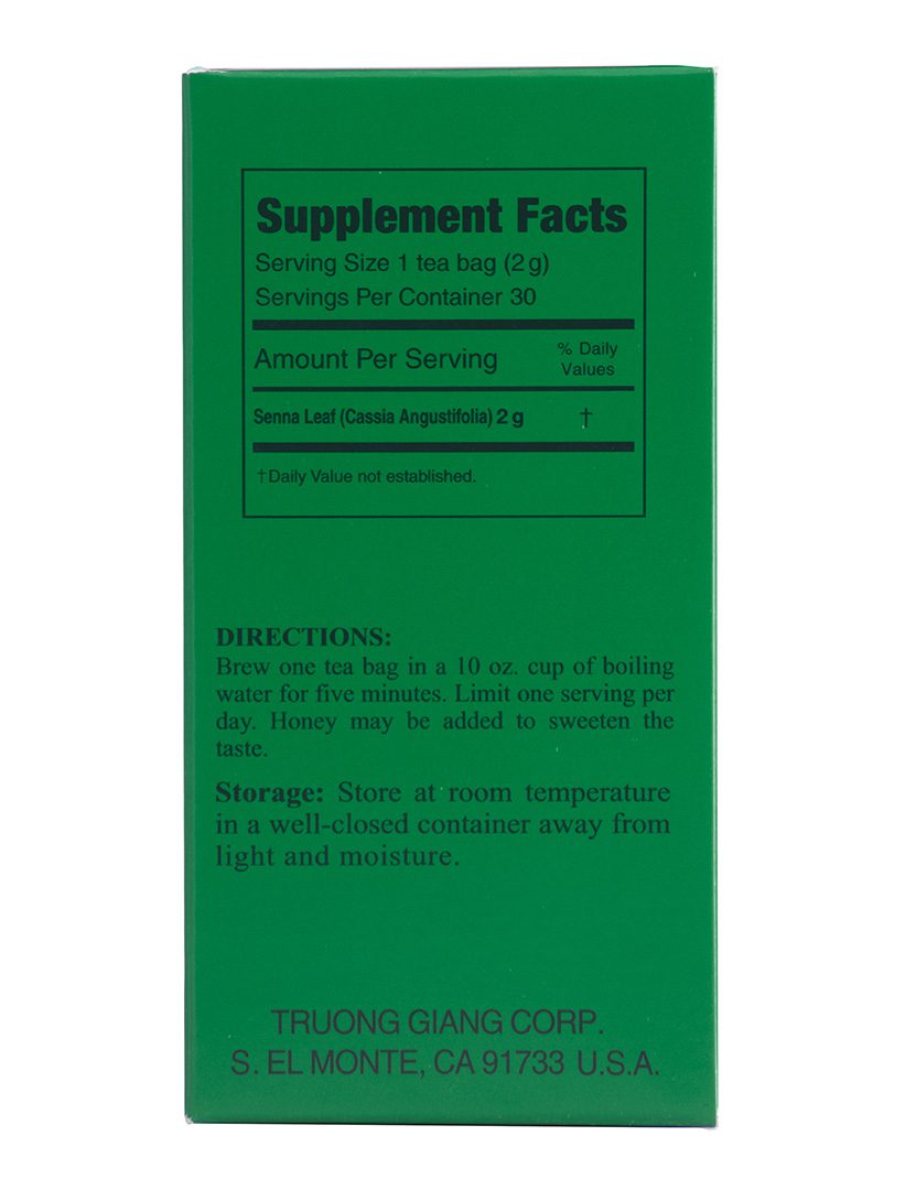 Supplement facts panel for 3 Ballerina herbal tea showing senna leaf ingredients serving size directions and storage information