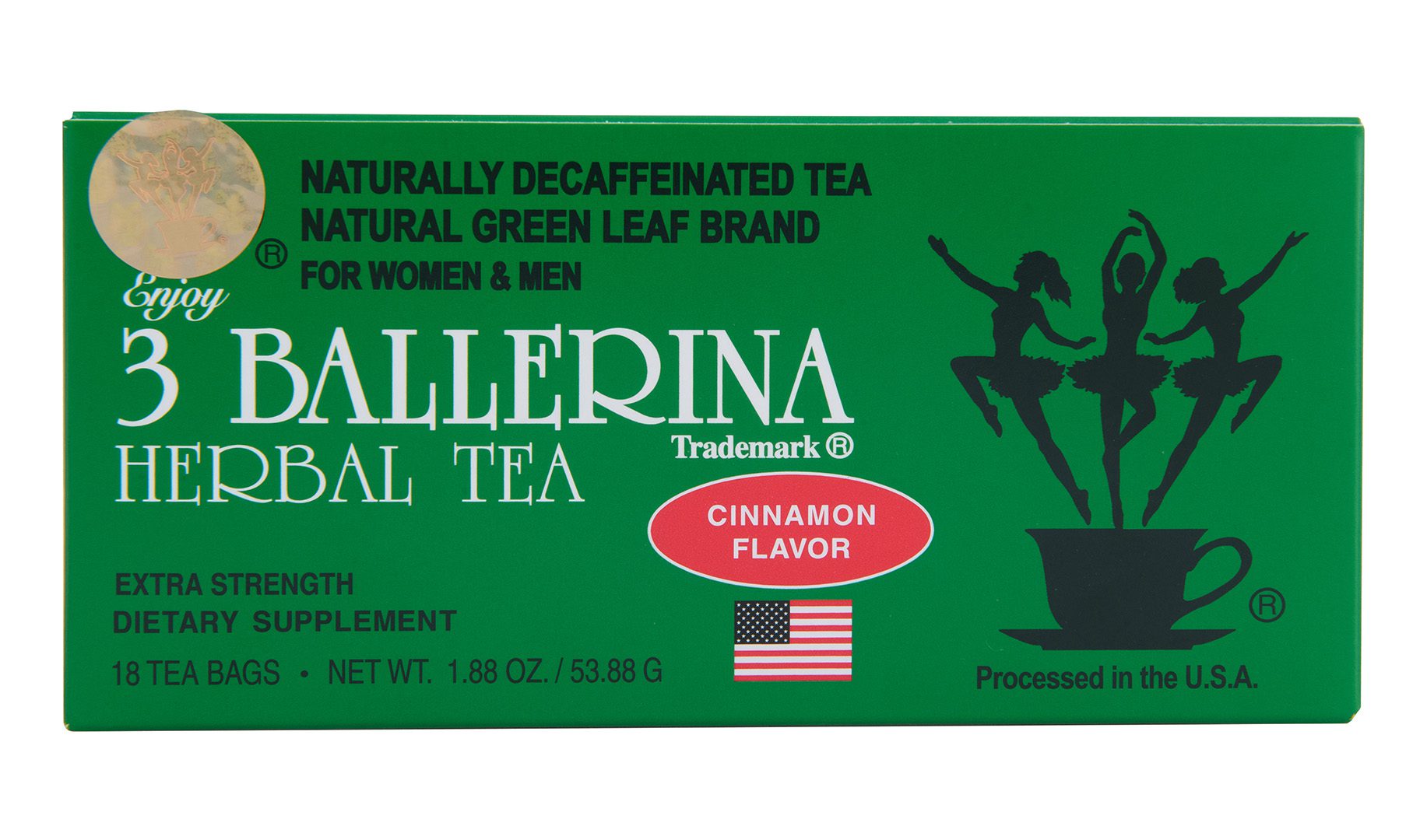 3 Ballerina cinnamon flavor extra strength herbal tea box naturally decaffeinated green leaf tea processed in the USA