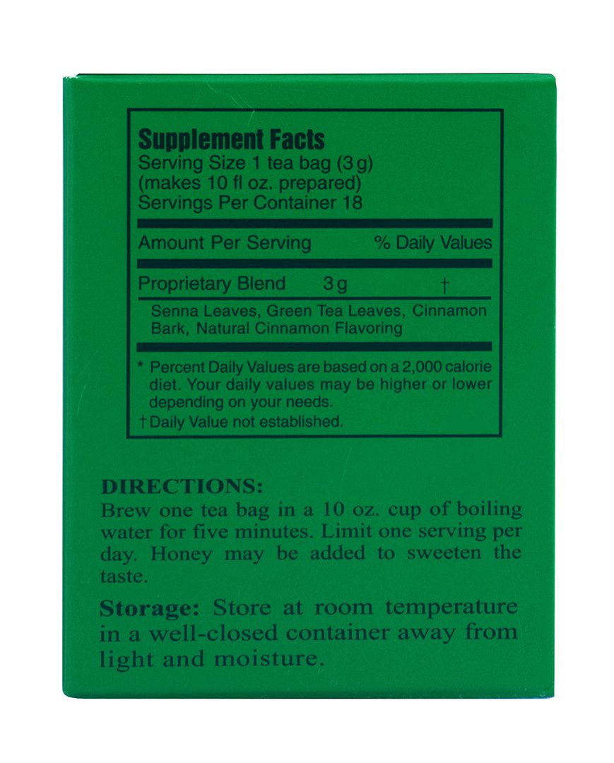 Supplement facts panel for 3 Ballerina cinnamon herbal tea showing ingredients serving size directions and storage information