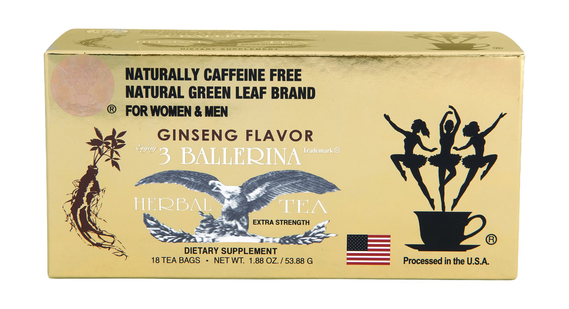 3 Ballerina ginseng flavor extra strength herbal tea box naturally caffeine free green leaf tea processed in the USA