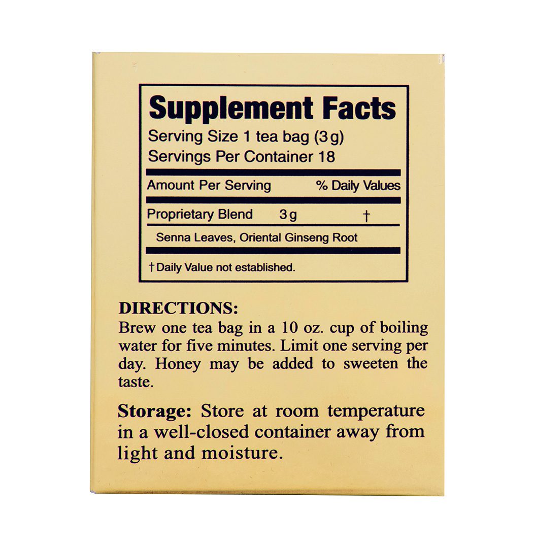 Supplement facts panel for 3 Ballerina herbal tea showing serving size ingredients directions and storage information