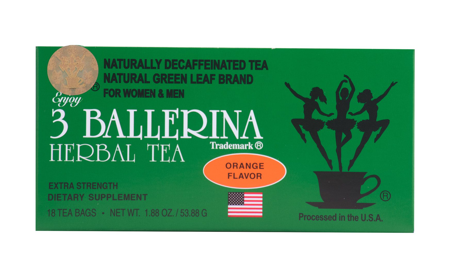 3 Ballerina orange flavor extra strength herbal tea box naturally decaffeinated green leaf tea processed in the USAa
