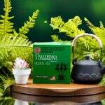 3 Ballerina regular strength herbal tea box with teapot and greenery on wooden tray