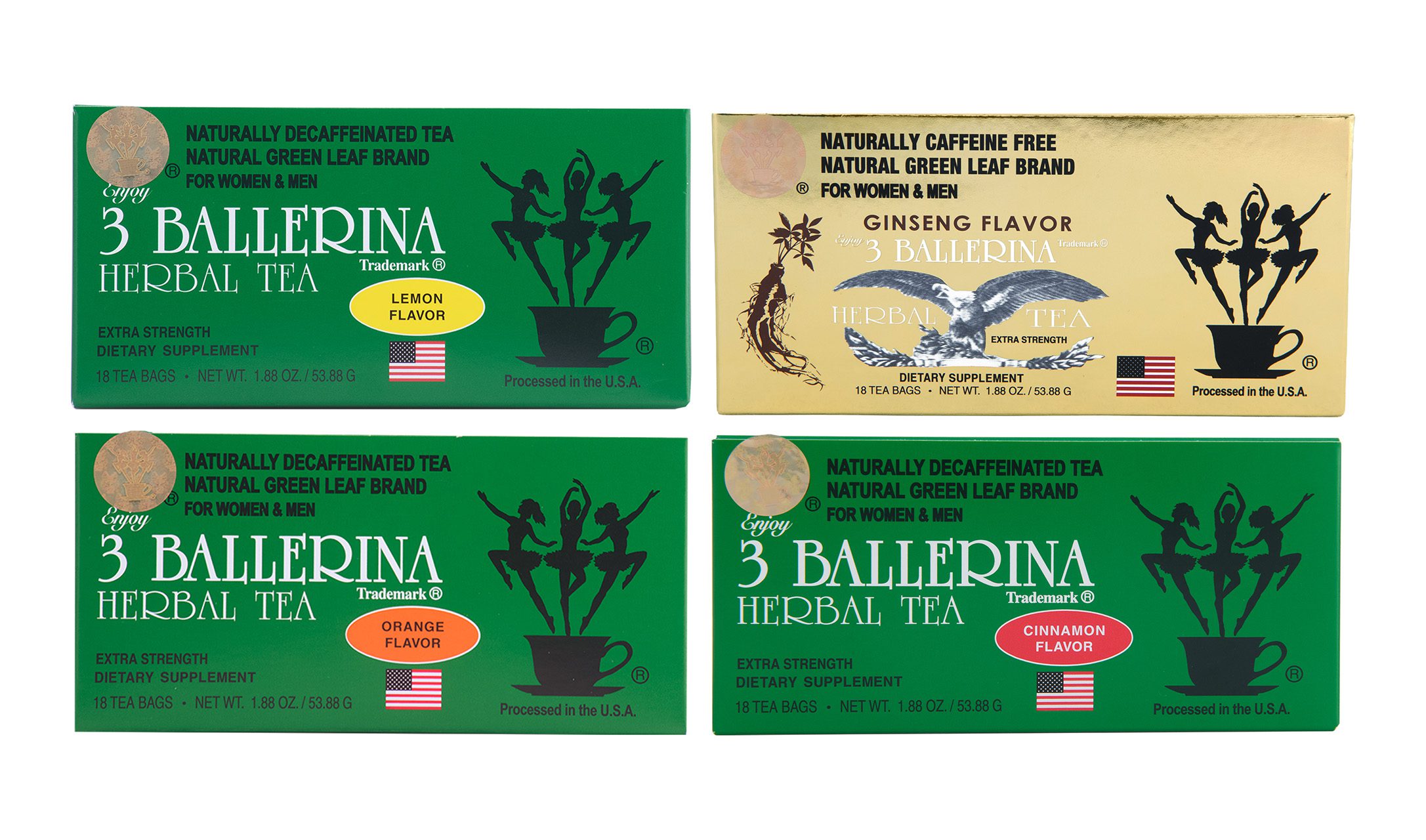 Lemon flavor 3 Ballerina extra strength herbal tea naturally decaffeinated green leaf tea box Ginseng flavor 3 Ballerina extra strength herbal tea caffeine free green leaf tea box Orange flavor 3 Ballerina extra strength herbal tea naturally decaffeinated green leaf tea box Cinnamon flavor 3 Ballerina extra strength herbal tea naturally decaffeinated green leaf tea box